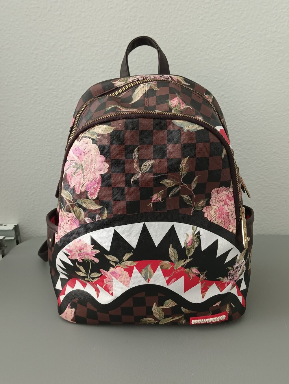 Sprayground Brown Floral Checkered Shark-Print Backpack